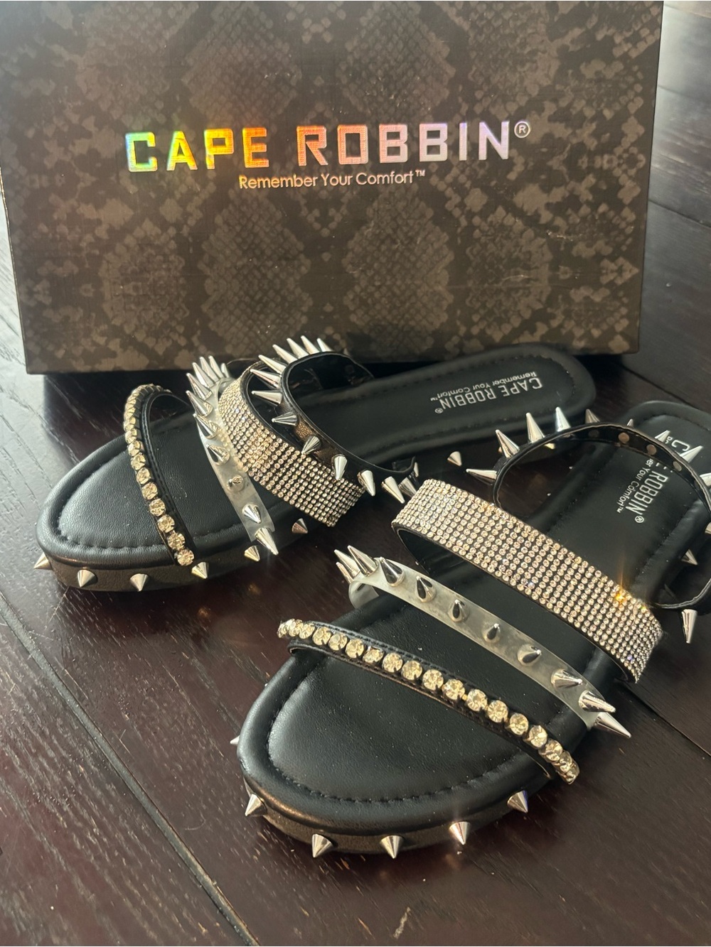 Cape Robbin Black Studded Slide Sandals with Rhinestone Straps and Spikes